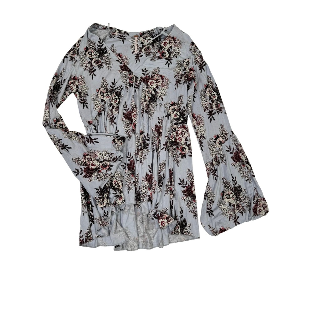 Free People Speak Easy Floral Babydoll Top Blue Bell Sleeve Peplum Boho - Picture 2 of 9